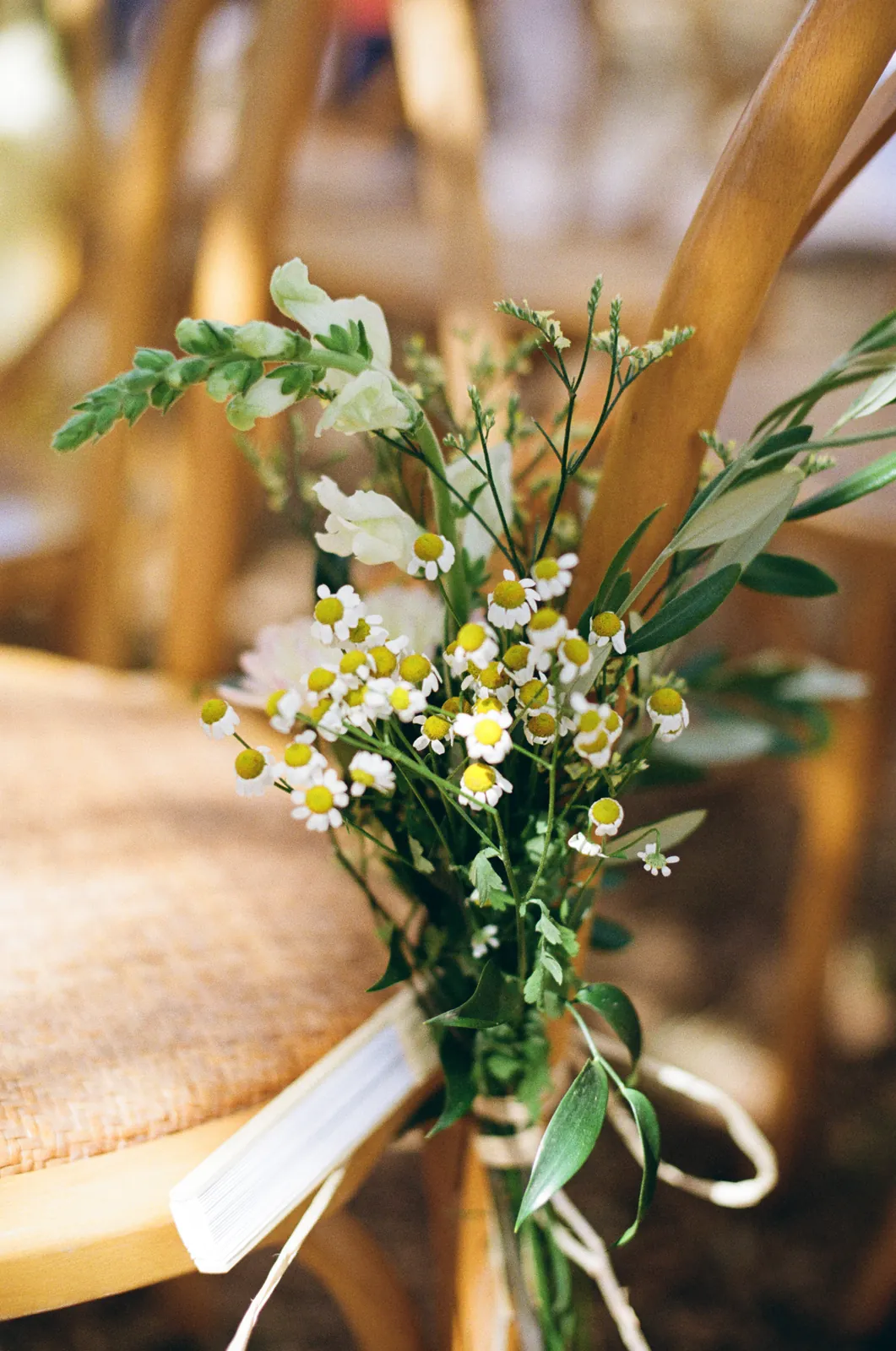 Des fleurs posées sur une chaise, en argentique